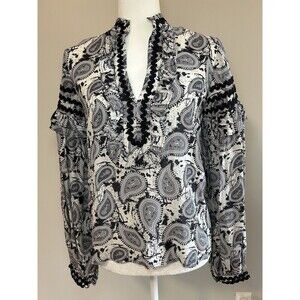DODO BAR OR 100% Silk Paisley Print Blouse Black & White Womens Sz 40 EUC
